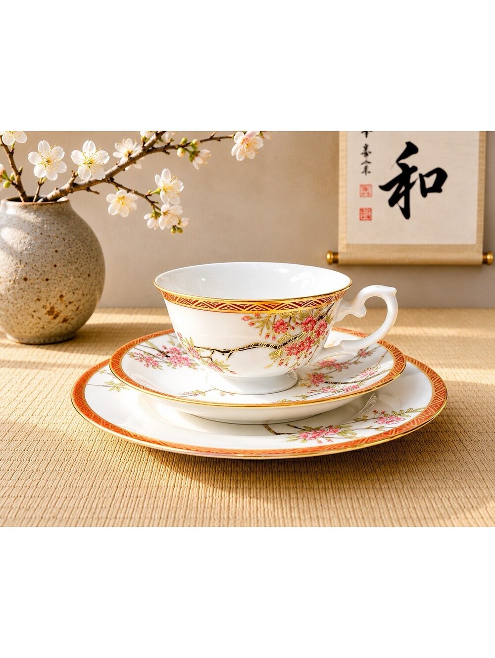 Noritake Nippon 1910s 5 Maruki Mark Eggshell Porcelain Floral Tea Cup Plate Trio